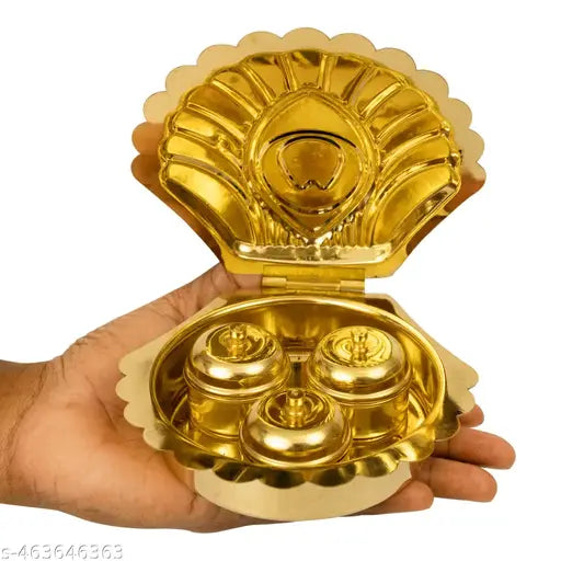 Putrika Traditional Handcrafted Brass Haldi kumkum Chandhan Holder | Peacock Feather Design Bowl with Lid for Pooja | Puja Worship | Navratri Gift| Diwali Gift- 3 Bowl Peacock