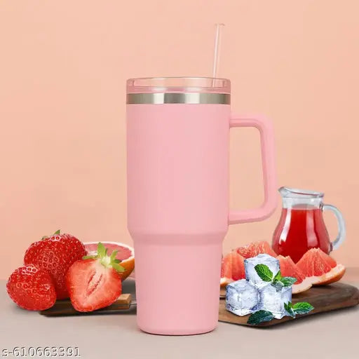 Tumbler Mug with Handle Straw & Lid | Insulated Reusable Stainless Steel Water Bottle | Leak Proof Mug for Office, Gym, Travelling 1200ml (Baby Pink)