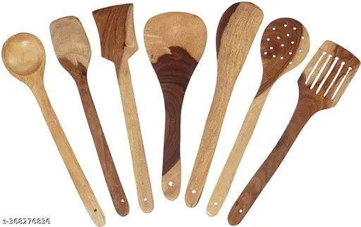 The City Shoppee Bright and Beautiful, Handmade Natural Wood Sheesham Without Polish in White Wooden Serving & Cooking Spoon's & Kitchen Tools (Set of 7)