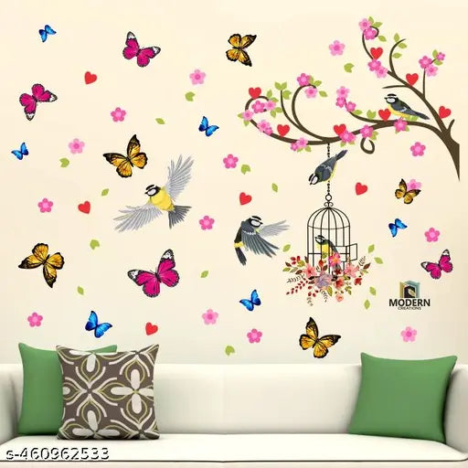 118 CM x 30 CM  Modern Creations PVC- Self Adhesive Decorative Floral Bird Cage Butterflies Lamp Wall Sticker Anti Oil, Waterproof