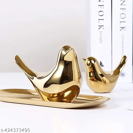 Mystical Midnight: Ceramic Sparrow Fantasy Sculpture For Home Decore(Set Of Two) (Golden), 38 Centimeters