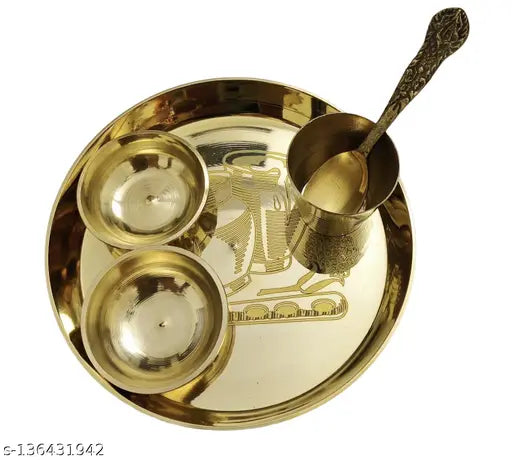 SKSM Brass Laddu Gopal HEAVY Bhog Thali Set with 2 Katori, 1 Glass, 1 Spoon for Temple Home Decor | KANHA JI KE BARTAN SET ONE PUDDING TWO BOWLS ONE SPOON ONE PLATE | JANMASHTAMI SPECIAL MATHURA VRINDAVAN BAL GOPAL BHOG SET | POOJA ARTICLES PUJA ACCESSORI