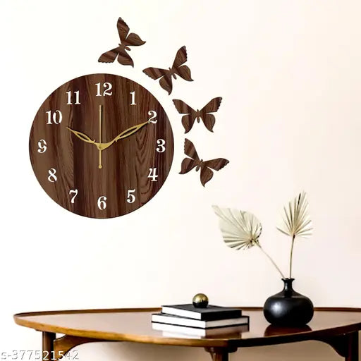 Wall Clock-001 Brown 25x25cm Wall Clocks for Home | Wall Clock for Living Room Bedroom | Designer Wooden Butterflies Clock