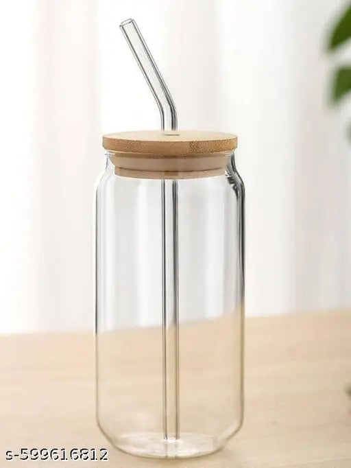 Premium Quality Can AND Ring Shape Glass 500 ml With Wooden Lid and Straw For Coffee, Smoothies, Milk Shake and Many More