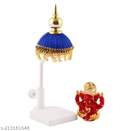 SAMARTH HANDICRAFTRed Marble Ganjesha ji on sitting position with Blue Chhatri with yellow chhalar