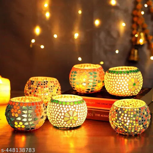 Beautiful Glass Mosaic Tealight Set of 5 For Diwali Decor II Kitchen Decor II Office Decor II Gift for Couples