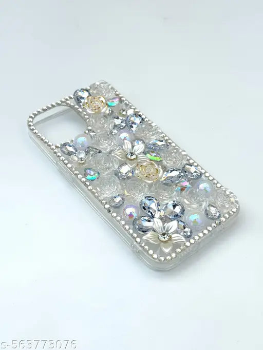 iPhone 13 New Luxury 3D Floral Crystal Case – White Rose & Pearl Design For luxury Girls and Women