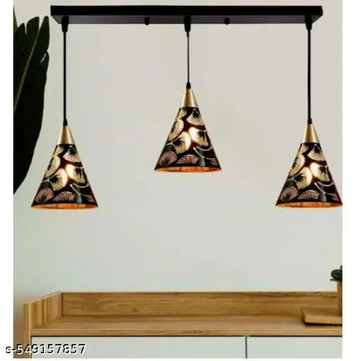 SWIATLO Black Kon Gold Cap Lezar Cutting Linear Cluster Pendant Light/Cluster Hanging Light/Cluster Ceiling Light/Three Pendant Lamp to Décor Home/Living Room/Bedroom/Office/Dining/Café (With bulb)