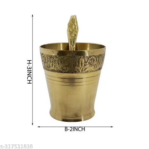 Puri Crafts Brass Pancha patra set,naksha glass with Plane  Flower Deising spoon use by pooja propose.