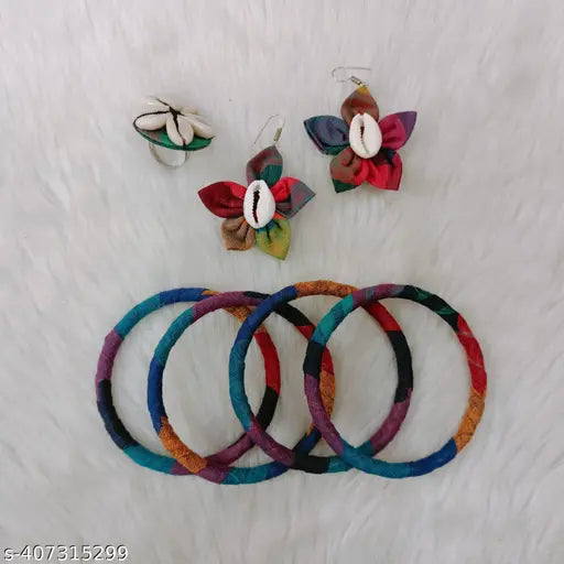 3 Layer Fabric Cowrie Necklace With Finger Ring, Earrings & 4 pieces Bangle Set