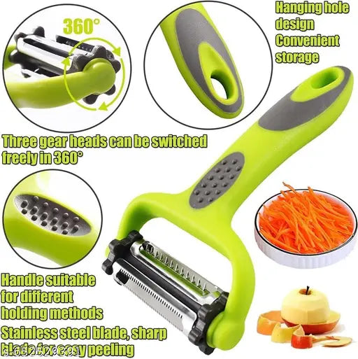 3 in 1 Rotary Multi-Functional Peeler, Suitable for Vegetable and Fruit, with Serrated Blade + Straight Julian Stainless Steel, Anti-Slip Handle Design, Slicer Kitchen