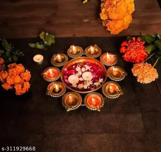 Handicraft studio Metal Urli for Decoration in gold Colour 10 Diya pack of 1 Diwali Decor / home decor