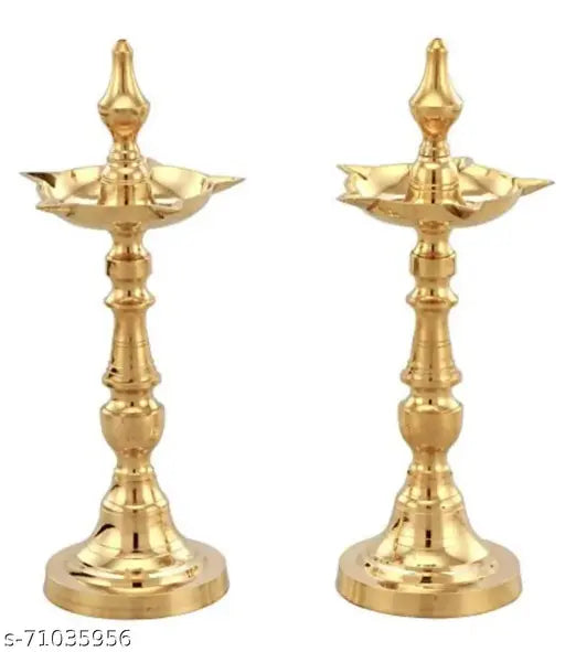 Global Decor Fancy Kashi Samayi Diya Oil Diwali Puja Lamp 100% Natural Gold (Height 10 inch Set of 2)