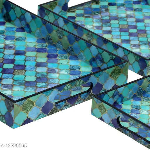 Enamel Coated Multipurpose Set of 3 RectangularTrays  (Blue Drops design)