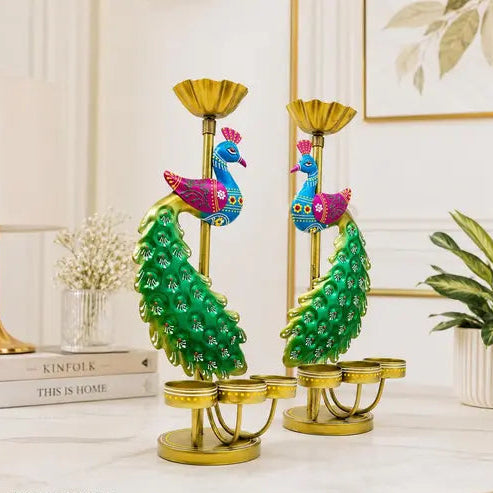 Handmade Peacock Tealight Candle Holder Set of 2 | Metal Diya Stand