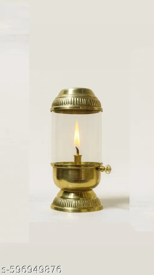 Premium Antique Brass Hurricane Oil Lamp with Glass Chimney – 10 Inch Height, 4 Inch Width, Perfect for Home Décor and Pooja