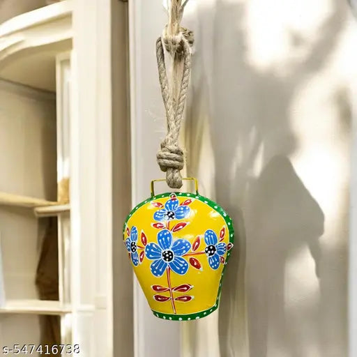 DULI Swiss-Style Metal Hanging Bell for Main Door & Wall Décor | Vastu Feng Shui Decorative Bell with Yellow-Blue Floral Design | 12x6 Inch | Home, Office, Spiritual Decor
