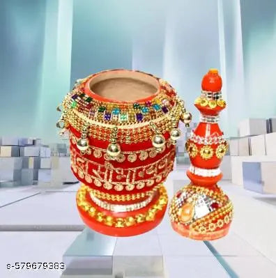 Fully Decorated Saubh/Traditional Indian SindoorDibbi Wedding Sindoor dani Accessory(Multicolor_23x7cm) Sindurdaani Net Quantity (N) : 1 Sindhora sindoor dani lakdi ka sindhora sindhora dikhaiye wooden sindhora sindhora for marrige Golden Fully Decorated