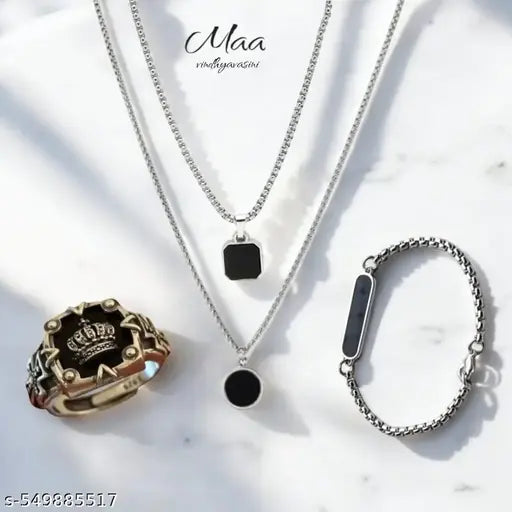 Maa Vindhyavasini |2  Silver Chain black pendent For Men | Bracelet For Boys | Ring For Men | Chain For Men | Fashion Bracelet | Party Wear Bracelet | Locket For Boys ui