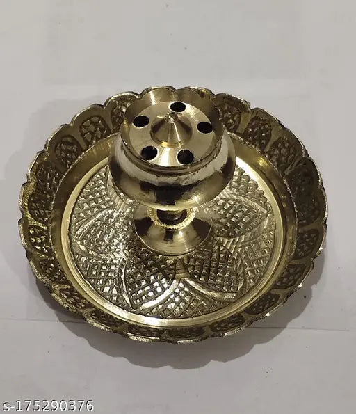 Pure Brass Set 5 Piece Pooja Plate, Ghanti, Diya, Lota, Agarbati Stand Home Decoration