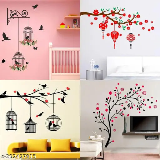 Trendy Set of 4 Wall Stickers Branches and Cages Love Birds With Hearts magical tree Red flower with lantern Self Adhesive Vinyl Waterproof Decals for Home