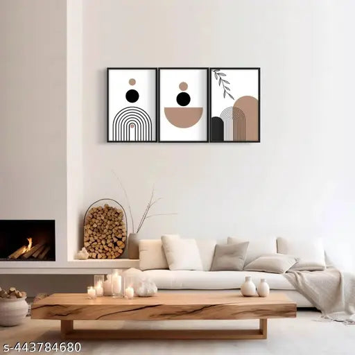 Designocracy  Boho Wall Art Set of 3 Minimalist Abstract Geometric Line Art Unframed Black Brown Beige Modern Bohemian Decor for Living Room Bedroom Office