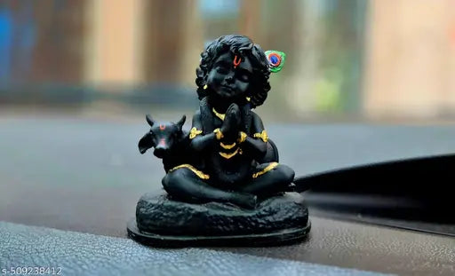 ShivShakti Store Marble Dust Baal Krishna with Cow Idol For Home Decor Car Dashboard Pooja Room Handmade Black Kanha ji Murti For Good Luck And Success