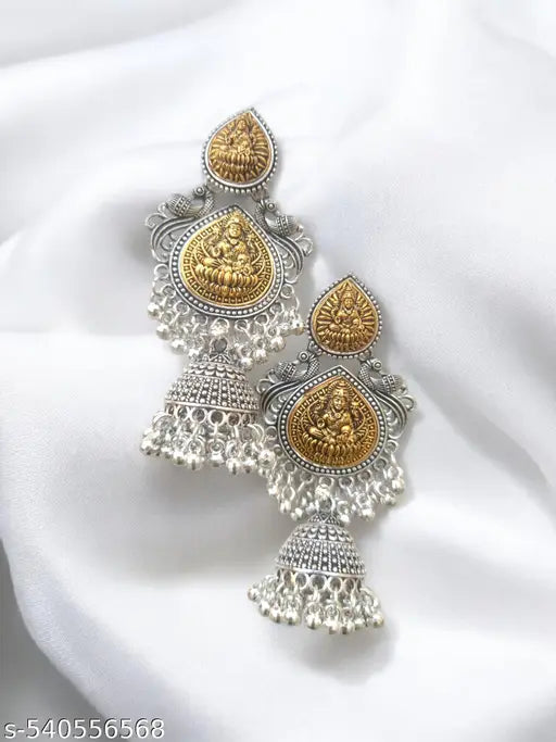 Traditional Temple Jhumka Earrings for Women | Antique Oxidized Silver & Gold-Tone Lakshmi Design | Ethnic Indian Jewelry for Weddings & Festivals