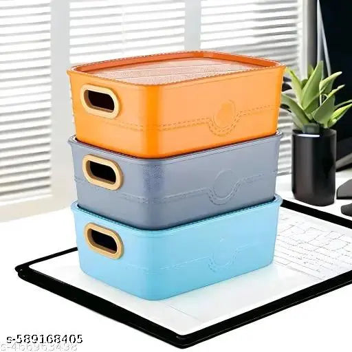 Plastic Multipurpose Solitaire Storage Basket with Lid|Side Handles & Wovan Design|Size 28 x 21 x 11 CM|Pack of 3 (Multi)