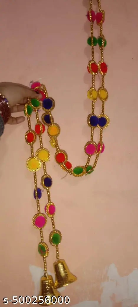2 Pcs Handmade Wall Door Red Yellow Green blue Hanging Pom Pom Torans Garland Bandhwar with Golden Bells Decoration Item, Home Decoration, Diwali Decoration, temple Room. home ,ofic etc