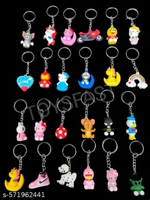 Cartoon Keychain Pack of 12 PCS for Kids, Multicolour, Rubber, Cartoon Theme, Novelty Style, Key Ring Hook Holder