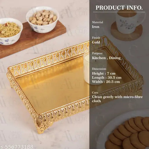 AMAZE CRAFT IMPEX | Rectangular Gold Plating Finish Tray For Your Home And Office / Dinning Table / Coffee Table / Accent Table / Bed Side Table And Hotel Table And Cafe Table Top Tray And For Your Guest Return Gift