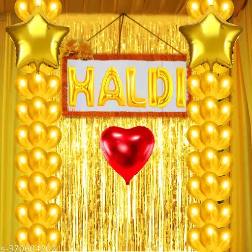 Golden Metallic Balloons, Haldi Foil Letters Balloons, Star Heart Foil Balloons, Gold Fringe Curtains Haldi Decoration Set for Wedding/Girls - Pack of 26