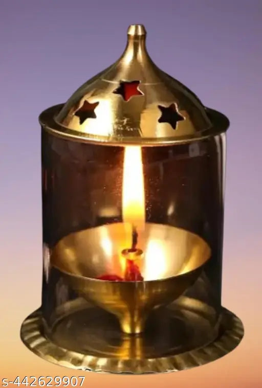 DARIDRA BHANJAN Akhand Diya Decorative Brass & Glass Oil Lamp Tea Light Holder Lantern , Cylinder Shaped Diya Lantern (Gold and White)