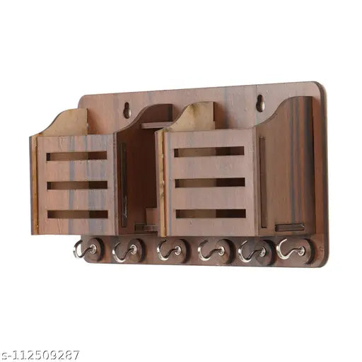 Craftzo Premium Phone Stand Brown Wood Key Holder  (6 Hooks, Brown)