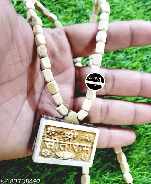 ANVIKA Tulsi kanthi with Shri SitaRam Bhaktmal Locket ||Handmade Tulsi Beads Mala Wood Wood Necklace