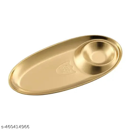 VATTU Kitchen Stainless Steel Snack Plate Grid Oval Cutlery Sauce Plate Western Food French Fries Fried Chicken Dim Sum Plate Split Plate Oval Camping Adult Snack Plate (Gold)