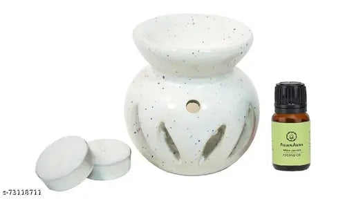 Aroma Ceramic Burner T-Light Candle White Diffuser Pot for Home with 2 Tea Light Candle and 1 Aroma Oil- White Jasmine 10ml