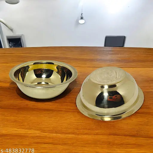Pure Brass Indian Golden Serving Bowl Set | Brass Pooja katori for Home Temple, Religious Occasions | Tableware and Serveware for Home Hotel Restaurant, Volume-250 ml, Set of 2