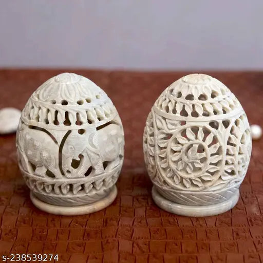 Marble Soapstone Tea Light Candle Holder Set of 2 | Egg Shape | Home & Office Décor | Tea Light Gift Set for Festive Season | Gift Hampers for Special Occasion-3.5 inch