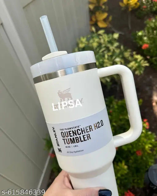 LIPSA  Quencher H2.0 Tumbler with Handle and Straw 30 oz 1.2L Insulated Tumbler with Straw | Leakproof Sipper Bottle for Adults & Kids | Stainless Steel Water Bottle | 8H Hot & 12H Cold | Gym, Office, Travel School Flask |  WHITE-1200ML