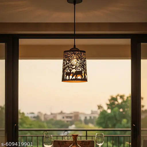 Decorative Hanging Pendant Light for Dining Room, Handcrafted Metal Lamp Shade with Forest & Deer Cutwork Design, Warm Ambient Lighting for Living Room, Balcony & Cafe Decor