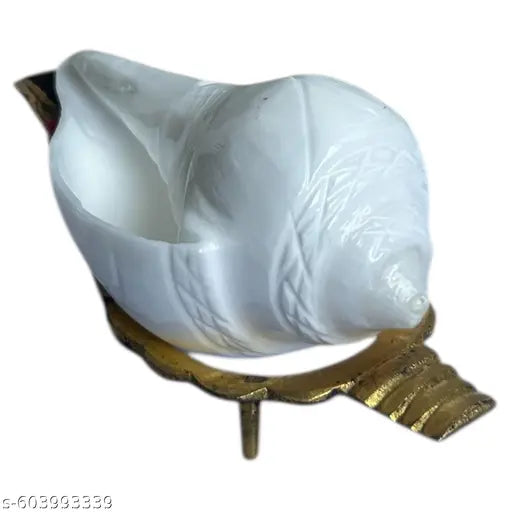 Premium Quality White Jal Shankh with Brass Stand | Pooja Water Conch for Abhishek (Non-Blowing)