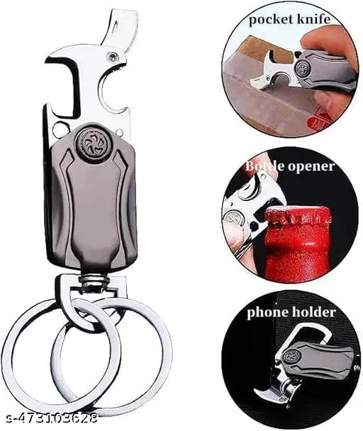 5-in-1 Stylish Keychain for Women & Men - 360° Rotation Carabiner with Bottle Opener, Phone Holder, and Decompression Spinner Durable Zinc Alloy Multi-functional Keychain bike and car