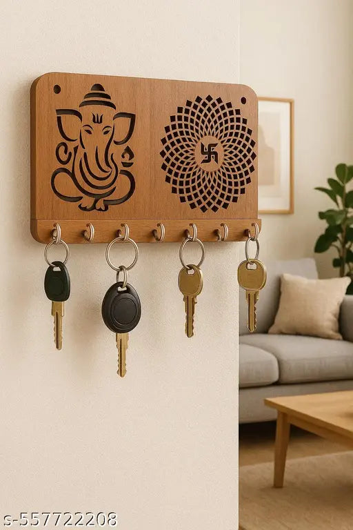 KashishCraft MDF Wooden Ganesha Key Holder for Wall | Swastik Mandala Design | 9 Hooks Key Stand | 24x14 cm | Brown Finish | Pack of 1