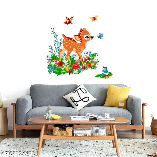 Inkfence 70x55 cm Wall Stickers Deer with Butterflies in Jungle for Kids Nursery Room Self Adhesive Sticker  (Pack of 1)