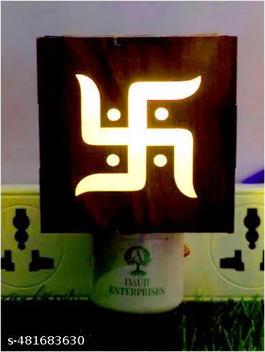 Dauji Enterprises Swastik Wooden LED Night Light + Rose Aroma Oil Set Electric Kapoor Dani,  Dhoop Dani, Aroma Burner for Home Décor/Office/Pooja Room/Kids Room |Air Freshener |Night Lamp and Room Freshener |Incense Burner|