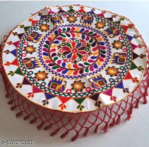 Traditional Embroidery Round Pooja Thali Rumal, Wedding Beautiful Hand Work Thali Rumal (24 Inch)