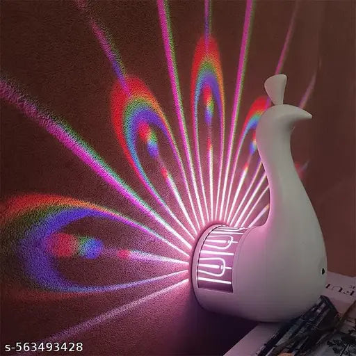 Peacock Lamp Creative Peacock Colorful Projection Wall Lamp, USB Charge Touch Button LED Night Light with Remote Control,White,Plastic