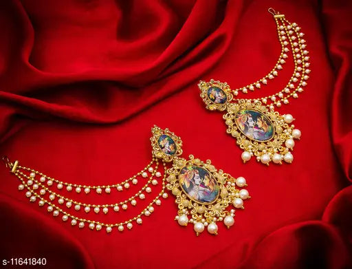 Allure Gold Plated Radha Krishna Bahubali Ear Chain Women's Earring